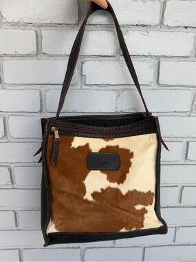 Vintage Lynne Genuine Cowhide Hair On Hide Leather Tote Shoulder Bag  White 13”